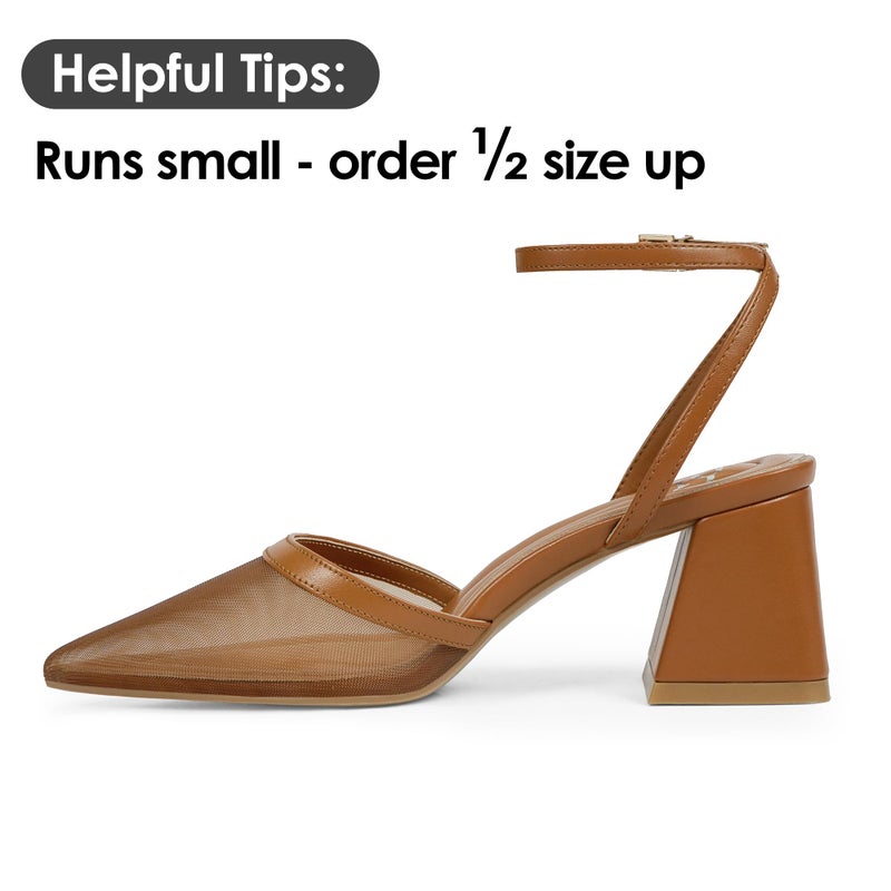 QIY Block Heels for Women Closed Toe Brown Heels Women Pointed Toe Brown Strappy Mesh Heel Pointy Sling Back Slingback Low Short Chunky Heel Wedding Dress Shoes Womens Pumps Size 9.5 - Image 4