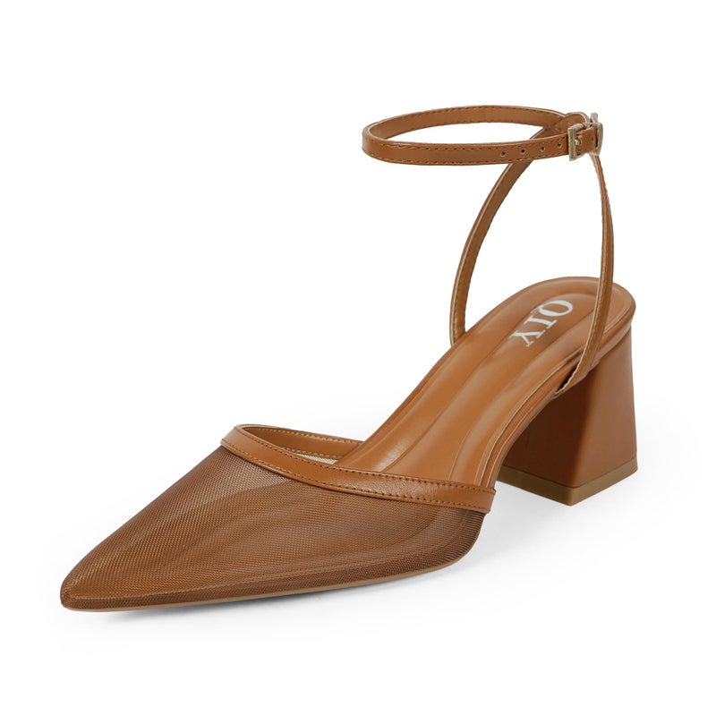 QIY Block Heels for Women Closed Toe Brown Heels Women Pointed Toe Brown Strappy Mesh Heel Pointy Sling Back Slingback Low Short Chunky Heel Wedding Dress Shoes Womens Pumps Size 9.5 - Image 1