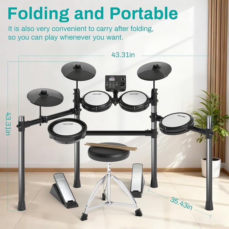 AODSK Electric Drum Set,Electronic Drum Kit for Kids with 195 Sounds,Mesh Drum Pads,Drum Sticks,Heavy Duty Pedals,Drum Throne,Sticks Headphone Included,Light & Portable - Image 5