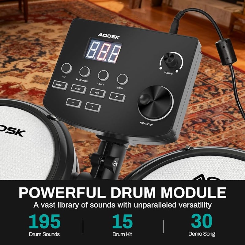 AODSK Electric Drum Set,Electronic Drum Kit for Kids with 195 Sounds,Mesh Drum Pads,Drum Sticks,Heavy Duty Pedals,Drum Throne,Sticks Headphone Included,Light & Portable - Image 2