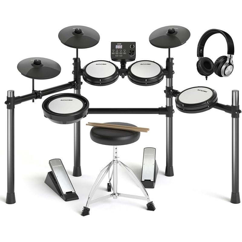 AODSK Electric Drum Set,Electronic Drum Kit for Kids with 195 Sounds,Mesh Drum Pads,Drum Sticks,Heavy Duty Pedals,Drum Throne,Sticks Headphone Included,Light & Portable - Image 1
