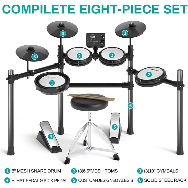 AODSK Electric Drum Set,Electronic Drum Kit for Kids with 195 Sounds,Mesh Drum Pads,Drum Sticks,Heavy Duty Pedals,Drum Throne,Sticks Headphone Included,Light & Portable - Image 3