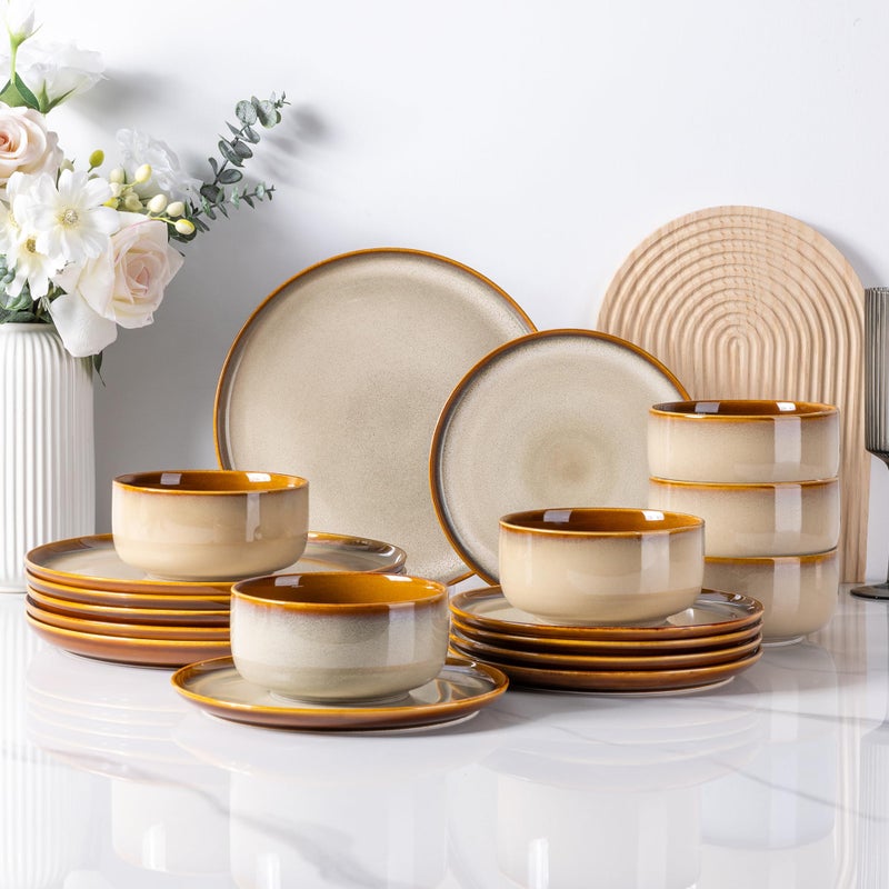 LeRatio Ceramic Dinnerware Sets for 6,Poreclain Plates and Bowls Sets,Handmade Reactive Glaze Dishes Set,Chip Resistant and Scratch Resistant | Oven&Dishwasher & Microwave Safe)-Kahki(18PCS) - Image 1