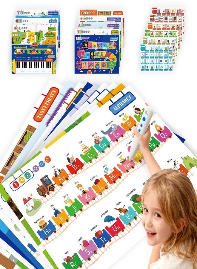 TEKFUN Learning Poster Set for Toddlers 1-3 with Talking Pen,9 Big Interactive Educational Wall Charts with 6 Stickers, Screen-Free Letter & Word Learning for Homeschooling & Preschool Classroom - Image 1