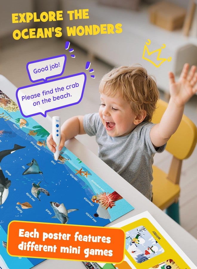 TEKFUN Learning Poster Set for Toddlers 1-3 with Talking Pen,9 Big Interactive Educational Wall Charts with 6 Stickers, Screen-Free Letter & Word Learning for Homeschooling & Preschool Classroom - Image 4