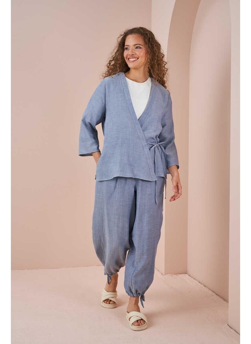 Mevra Double Breasted Kimono Muslin Blouse Blue  - Image 2