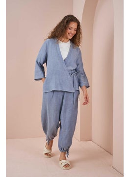 Mevra Double Breasted Kimono Muslin Blouse Blue  - Image 3