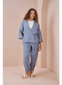 Mevra Double Breasted Kimono Muslin Blouse Blue  - Image 4