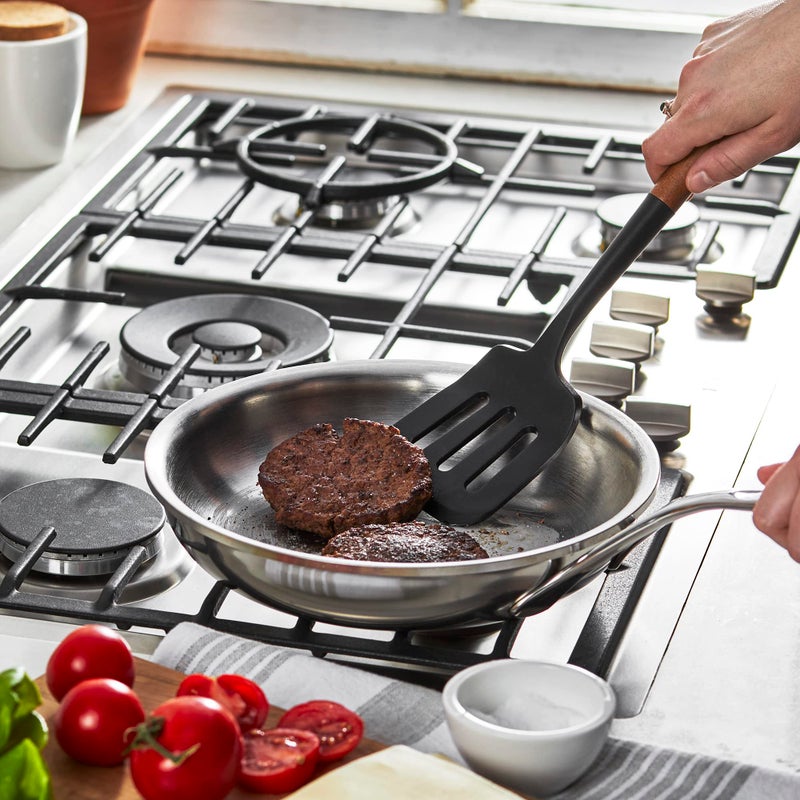 STAUB Silicone Spatula Turner, Perfectly Angled for Lifting Pancakes, Sandwiches and Picking up Veggies Durable BPA-Free Matte Black Silicone, Acacia Wood Handles, Safe for Nonstick Cooking Surfaces - Image 5