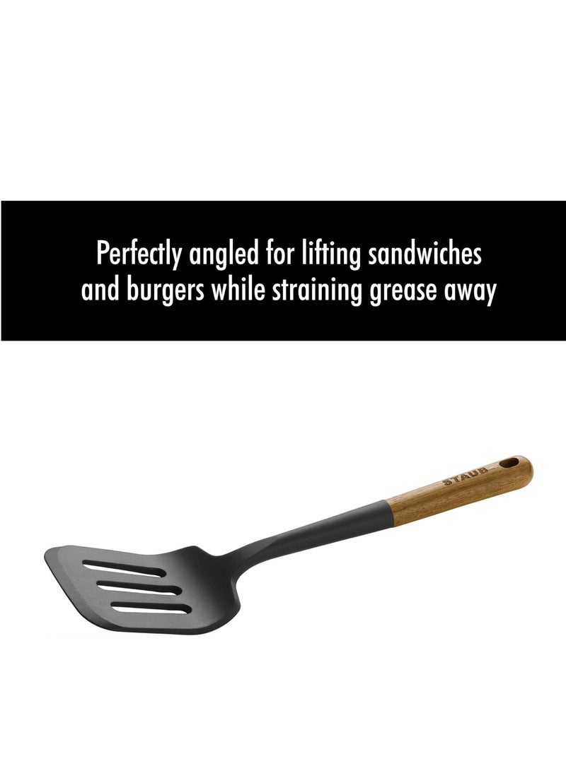 STAUB Silicone Spatula Turner, Perfectly Angled for Lifting Pancakes, Sandwiches and Picking up Veggies Durable BPA-Free Matte Black Silicone, Acacia Wood Handles, Safe for Nonstick Cooking Surfaces - Image 3