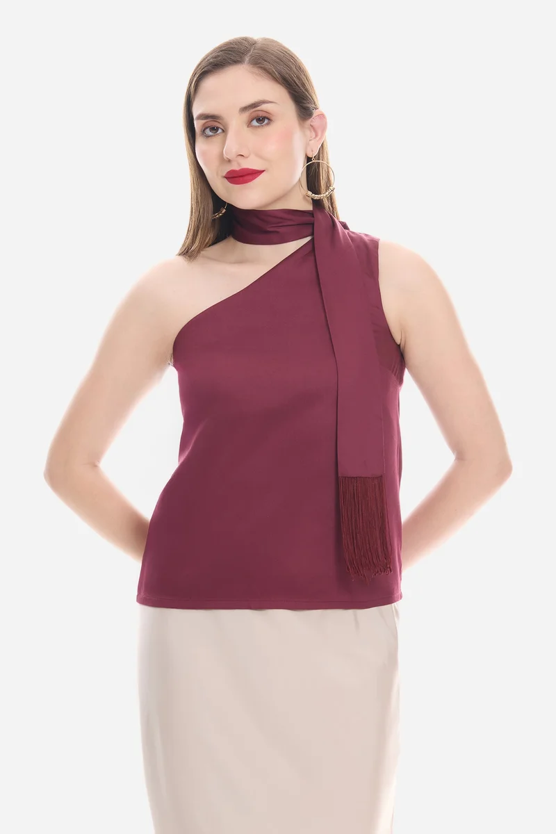 فيرجيو Solid Viscose One Shoulder Neck Sash Top for Women