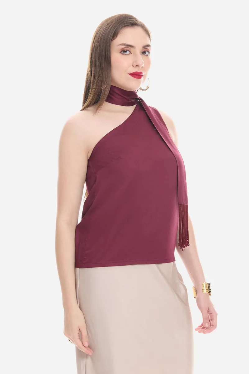 Virgio  Solid Viscose One Shoulder Neck Sash Top for Women for Women | Best Price UAE