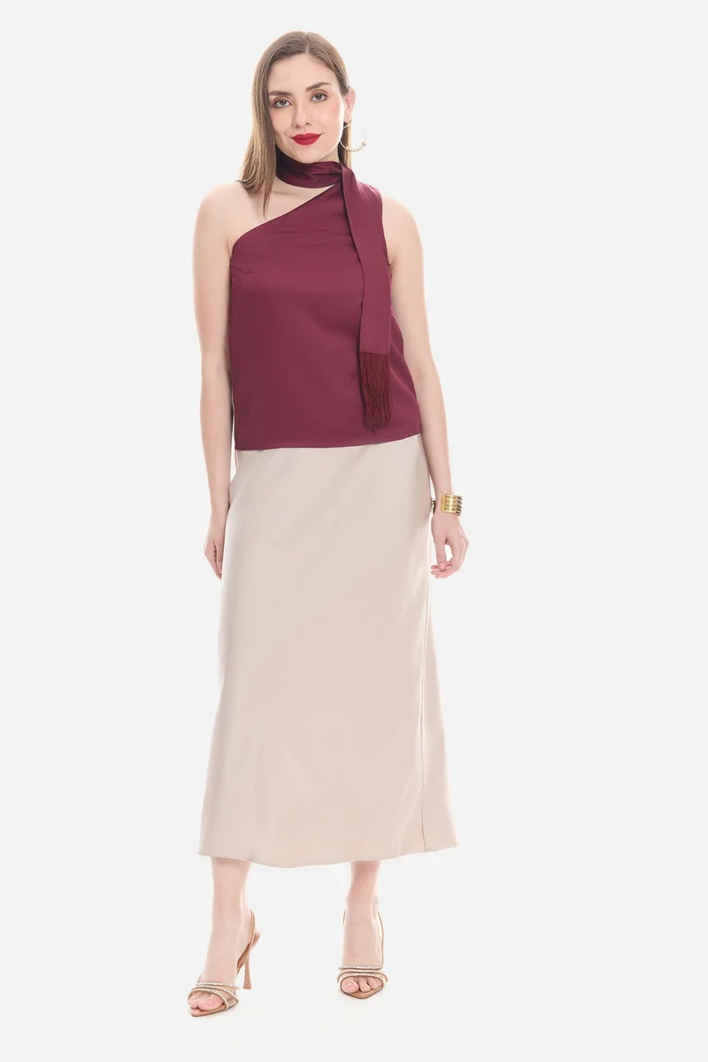 Virgio Solid Viscose One Shoulder Neck Sash Top for Women