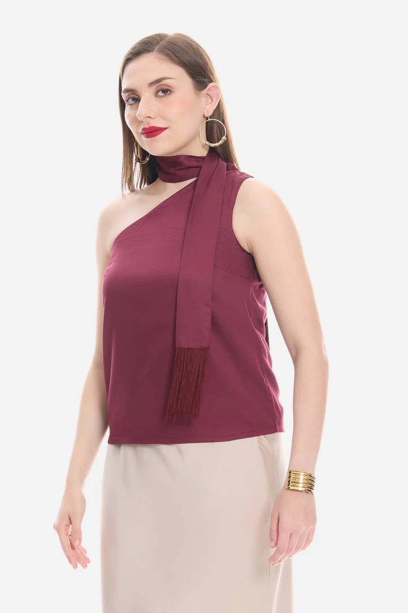 Virgio  Solid Viscose One Shoulder Neck Sash Top for Women for Women | Best Price UAE