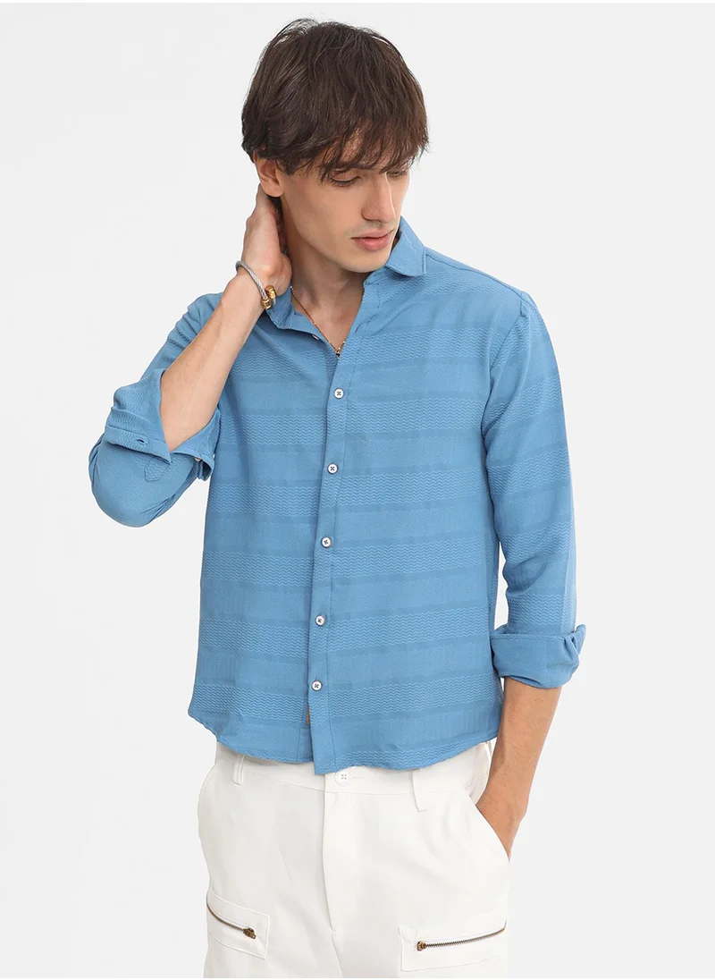 كامبوس سوترا Men's Sky Blue Chevron-Textured Shirt