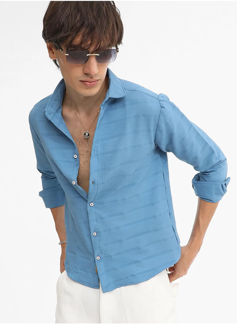 كامبوس سوترا Men's Sky Blue Chevron-Textured Shirt