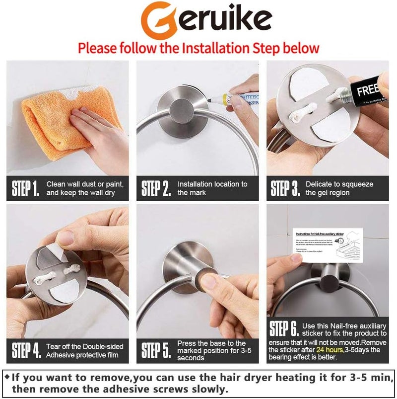 GERUIKE Adhesive Towel Ring Wall Mount Hand Towel Ring Self Adhesive Towel Hanger Stainless Steel Rustproof Brushed Nickel - Image 5