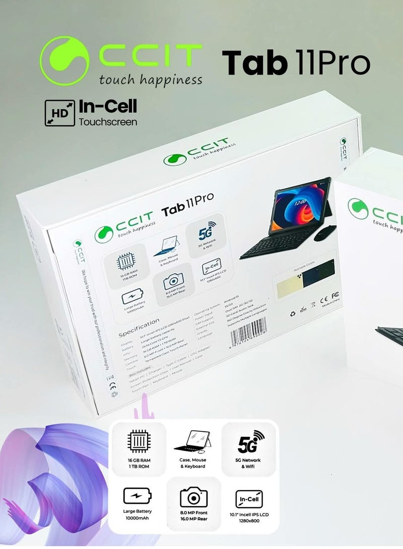 سي سي اي تي جهاز لوحي CCIT Tab 11 Pro، بشاشة 10.1 بوصة، يعمل بنظام أندرويد | ذاكرة وصول عشوائي (RAM) سعة 16 جيجابايت + ذاكرة تخزين داخلية سعة 1 تيرابايت | شاشة لمس عالية الدقة مدمجة | بطارية 10000 مللي أمبير/ساعة | مع لوحة مفاتيح وماوس وقلم - ذهبي - Image 4