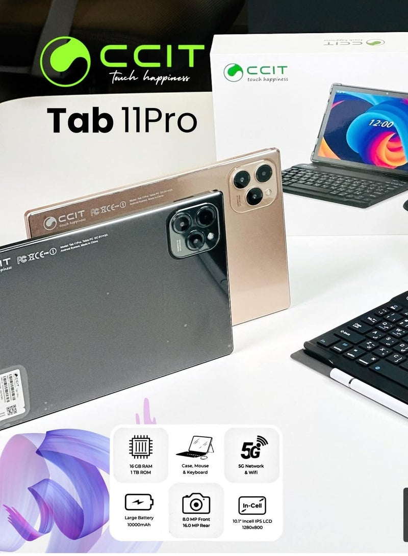 سي سي اي تي جهاز لوحي CCIT Tab 11 Pro، بشاشة 10.1 بوصة، يعمل بنظام أندرويد | ذاكرة وصول عشوائي (RAM) سعة 16 جيجابايت + ذاكرة تخزين داخلية سعة 1 تيرابايت | شاشة لمس عالية الدقة مدمجة | بطارية 10000 مللي أمبير/ساعة | مع لوحة مفاتيح وماوس وقلم - ذهبي - Image 1