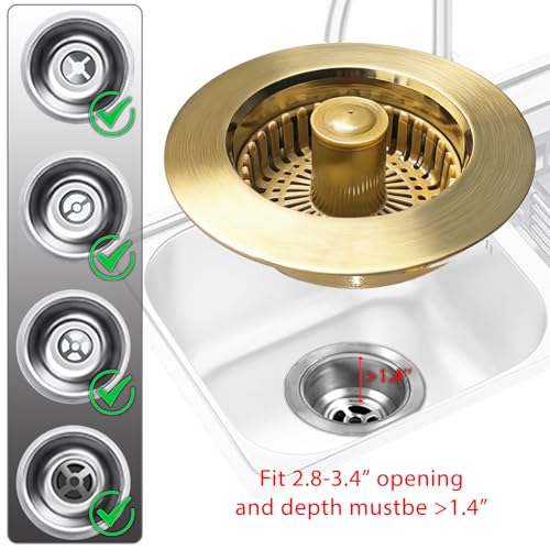 BAOLSLS Kitchen Sink Drain Strainer, 3 in 1 Pop up Kitchen Sink Stopper, with an Extra Basket Strainer, for US Standard 3-1/2 Inch Drain, Copper Material, Brushed Gold - Image 5