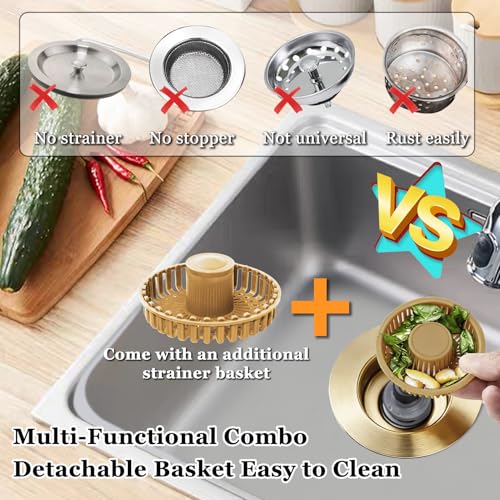 BAOLSLS Kitchen Sink Drain Strainer, 3 in 1 Pop up Kitchen Sink Stopper, with an Extra Basket Strainer, for US Standard 3-1/2 Inch Drain, Copper Material, Brushed Gold - Image 3
