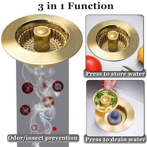 BAOLSLS Kitchen Sink Drain Strainer, 3 in 1 Pop up Kitchen Sink Stopper, with an Extra Basket Strainer, for US Standard 3-1/2 Inch Drain, Copper Material, Brushed Gold - Image 2