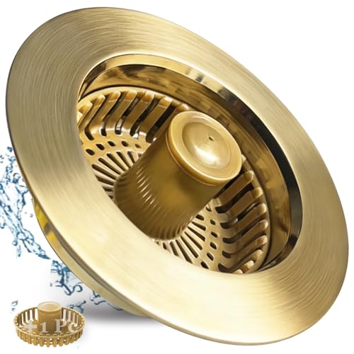 BAOLSLS Kitchen Sink Drain Strainer, 3 in 1 Pop up Kitchen Sink Stopper, with an Extra Basket Strainer, for US Standard 3-1/2 Inch Drain, Copper Material, Brushed Gold - Image 1