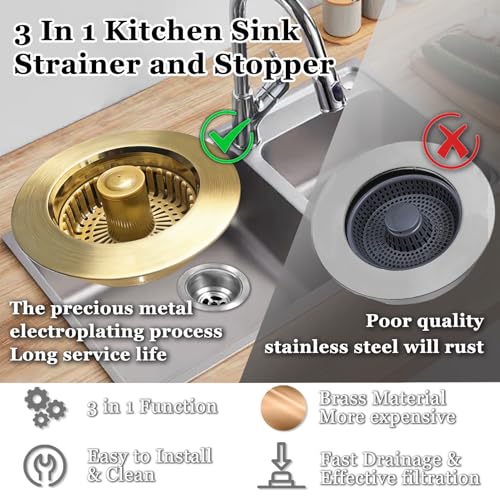 BAOLSLS Kitchen Sink Drain Strainer, 3 in 1 Pop up Kitchen Sink Stopper, with an Extra Basket Strainer, for US Standard 3-1/2 Inch Drain, Copper Material, Brushed Gold - Image 4
