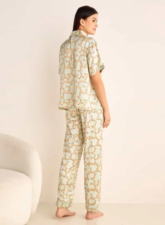 Splash FAV Floral Print Camp Collar Shirt and Elasticated Pyjama Set