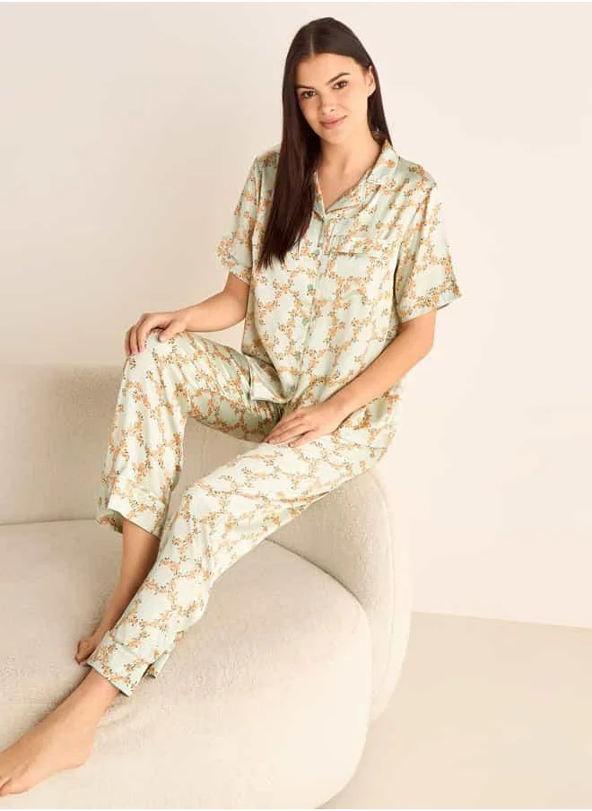 فاف Floral Print Camp Collar Shirt and Elasticated Pyjama Set