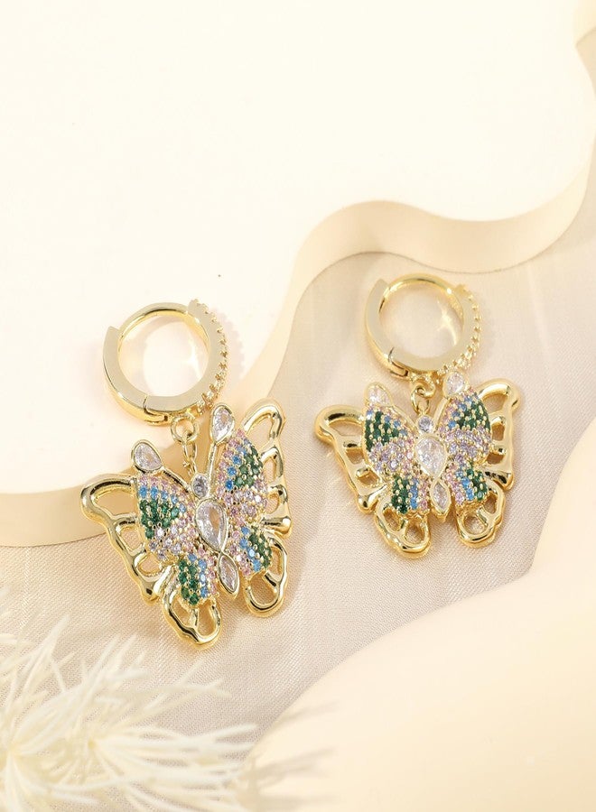 MOONWALTZ Gold Dangle Butterfly Earrings for Women with Colorful Cubic Zirconia Elegant CZ Hollow Butterfly Huggie Hoop Earrings Drop Intersect Fairy Butterfly Earrings Spring Summer Jewelry Gift for Her - Image 3