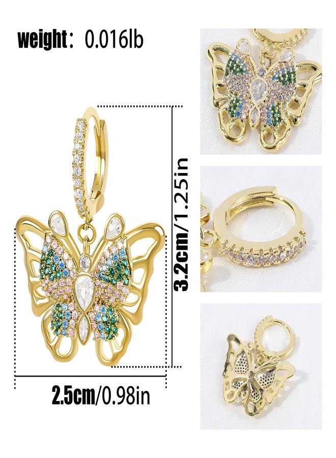 MOONWALTZ Gold Dangle Butterfly Earrings for Women with Colorful Cubic Zirconia Elegant CZ Hollow Butterfly Huggie Hoop Earrings Drop Intersect Fairy Butterfly Earrings Spring Summer Jewelry Gift for Her - Image 2