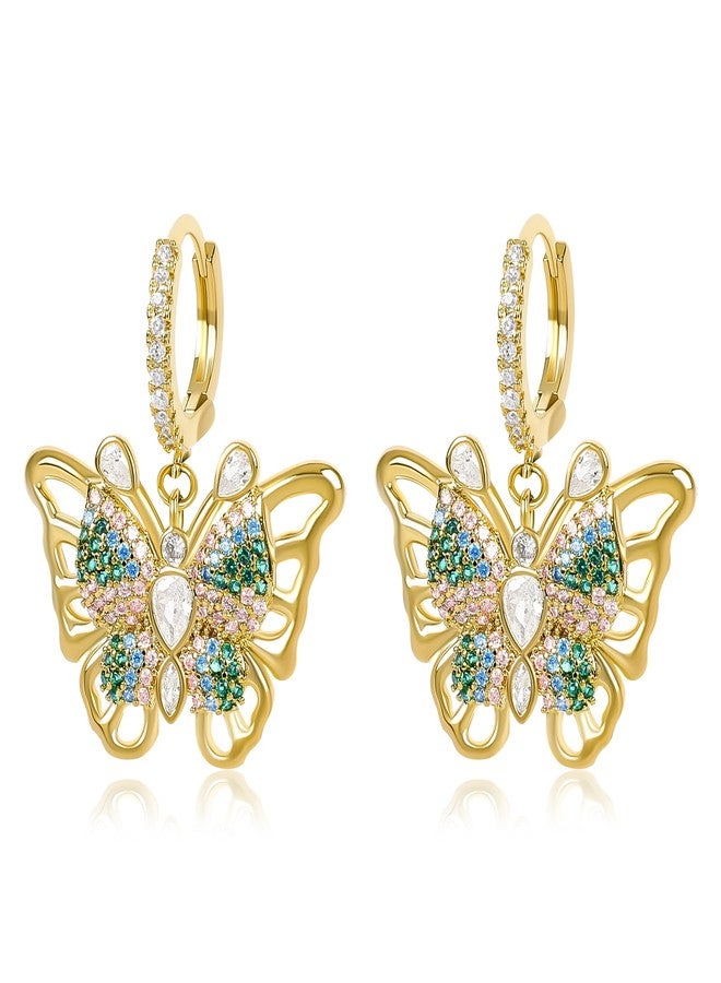 MOONWALTZ Gold Dangle Butterfly Earrings for Women with Colorful Cubic Zirconia Elegant CZ Hollow Butterfly Huggie Hoop Earrings Drop Intersect Fairy Butterfly Earrings Spring Summer Jewelry Gift for Her - Image 1