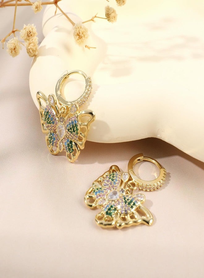 MOONWALTZ Gold Dangle Butterfly Earrings for Women with Colorful Cubic Zirconia Elegant CZ Hollow Butterfly Huggie Hoop Earrings Drop Intersect Fairy Butterfly Earrings Spring Summer Jewelry Gift for Her - Image 5