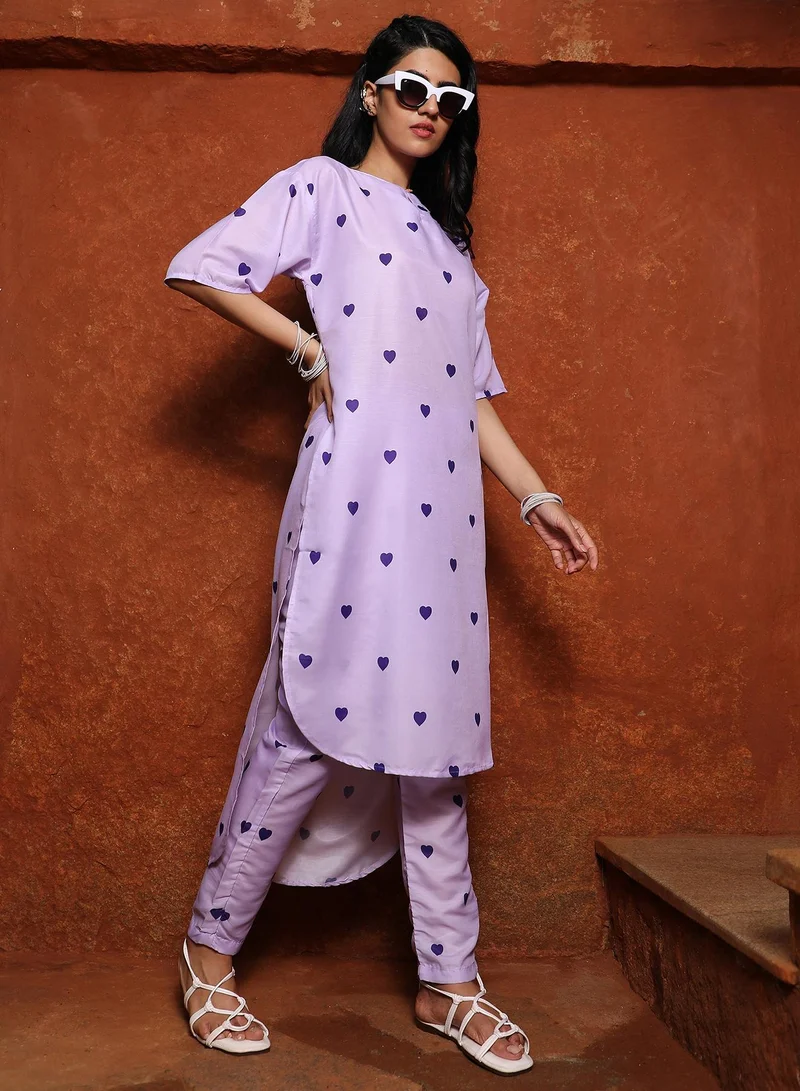 QISSA Women's Lavender Hearts Kurta With Trousers And Dupatta