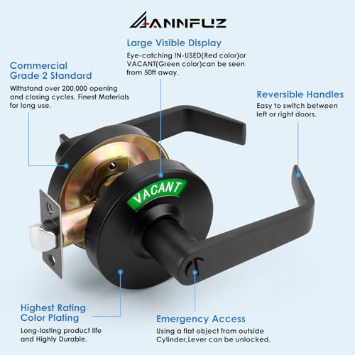 ANNFUZ Vacant Occupied Bathroom Door Handle Lock,Privacy Lever with Large Indicator,in-Use or Vacancy Indication Occupied Deadbolt,Commercial Door Handle Lock for Public Restrooms(Matte Black) - Image 3