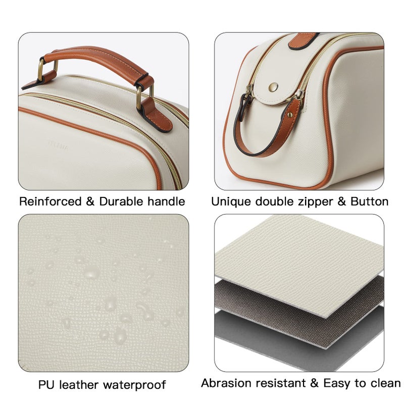 Telena Travel Toiletry Bag Makeup Cosmetic Bags for Women Waterproof PU Leather Toiletry Organizer Portable Large Capacity Beige with Brown - Image 2