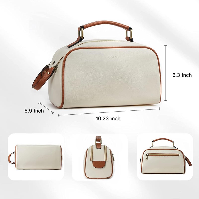 Telena Travel Toiletry Bag Makeup Cosmetic Bags for Women Waterproof PU Leather Toiletry Organizer Portable Large Capacity Beige with Brown - Image 4