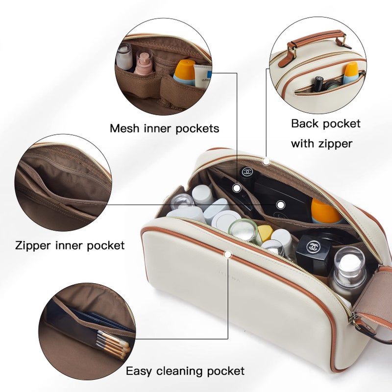 Telena Travel Toiletry Bag Makeup Cosmetic Bags for Women Waterproof PU Leather Toiletry Organizer Portable Large Capacity Beige with Brown - Image 3