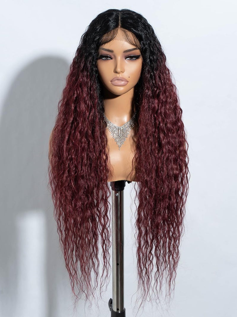 Joedir 32" Long Deep Curly Wavy Lace Front Synthetic Wigs HD Transparent Glueless Lace Wig Heat Resistant Fiber Pre Plucked Hairline with Baby Hair Wig for Women(Ombre Black to Wine Red Color) - Image 1