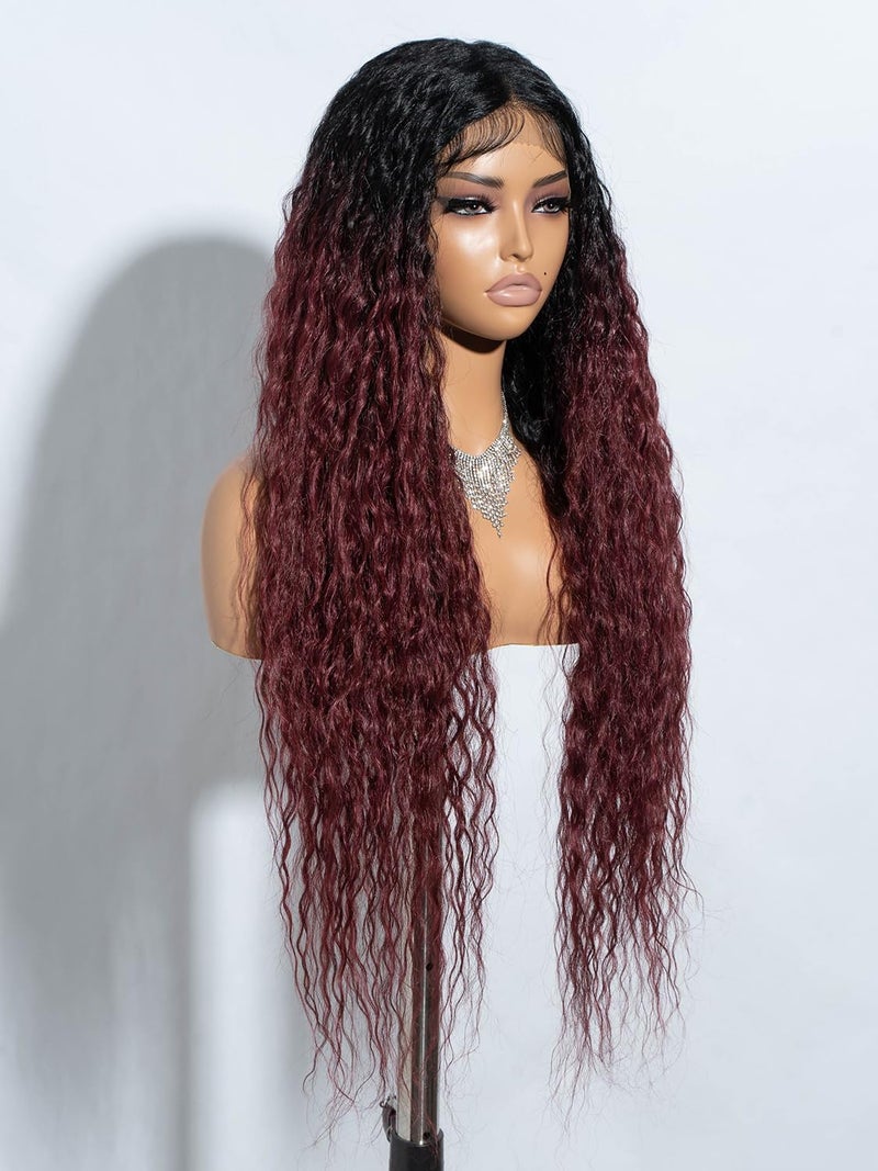 Joedir 32" Long Deep Curly Wavy Lace Front Synthetic Wigs HD Transparent Glueless Lace Wig Heat Resistant Fiber Pre Plucked Hairline with Baby Hair Wig for Women(Ombre Black to Wine Red Color) - Image 2