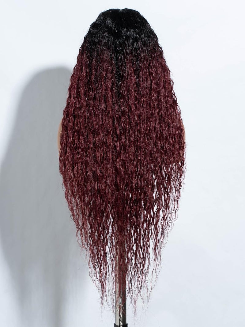 Joedir 32" Long Deep Curly Wavy Lace Front Synthetic Wigs HD Transparent Glueless Lace Wig Heat Resistant Fiber Pre Plucked Hairline with Baby Hair Wig for Women(Ombre Black to Wine Red Color) - Image 4