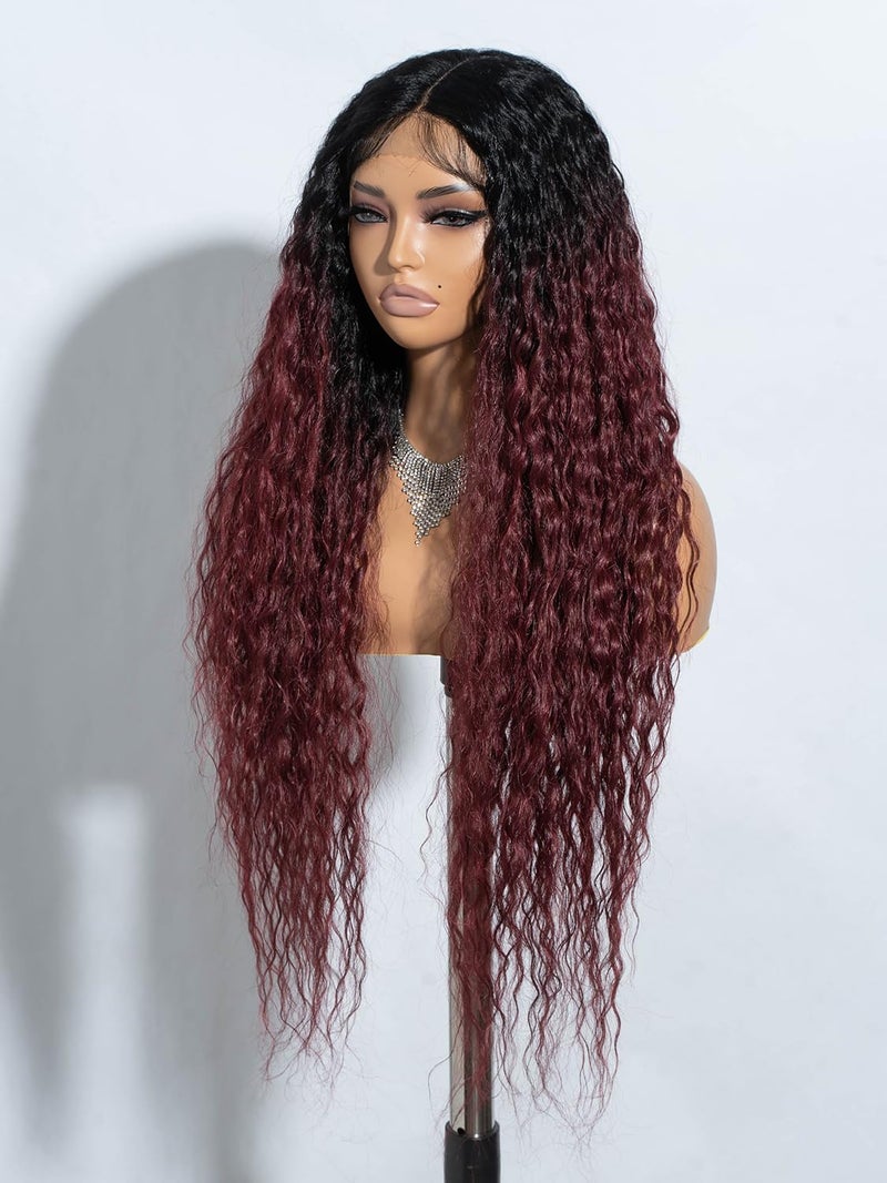 Joedir 32" Long Deep Curly Wavy Lace Front Synthetic Wigs HD Transparent Glueless Lace Wig Heat Resistant Fiber Pre Plucked Hairline with Baby Hair Wig for Women(Ombre Black to Wine Red Color) - Image 3