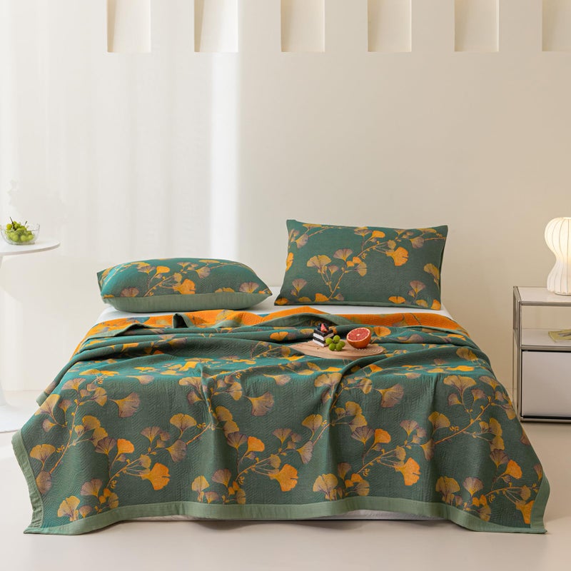 Purefair 100 Cotton Jacquard Quilt Floral Ginkgo Leaves PrintSoft Muslin Bed Cover 3 Layers Reversible Bedspread Coverlet Breathable Lightweight BeddingTwin59x94 No Pillow Sham
