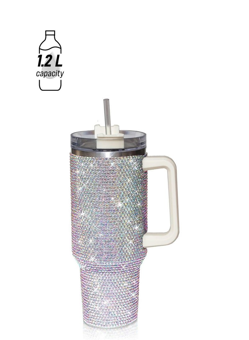 ارواق كوب بسعة 40 أونصة مزود بمقبض وغطاء مرصع وقش معزول من الفولاذ المقاوم للصدأ بجدار مزدوج وكوب ماء للسفر وزجاجة مياه للنساء (40 أونصة 1200 مل) - Image 1