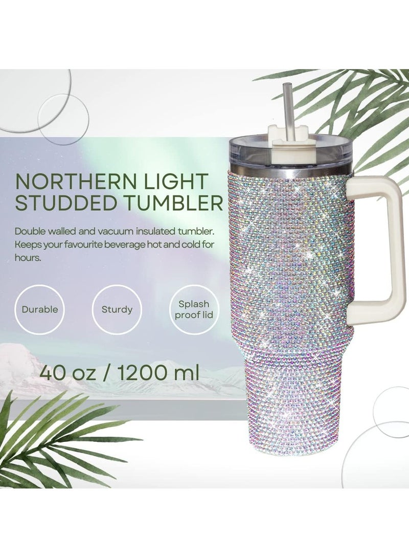 ارواق كوب بسعة 40 أونصة مزود بمقبض وغطاء مرصع وقش معزول من الفولاذ المقاوم للصدأ بجدار مزدوج وكوب ماء للسفر وزجاجة مياه للنساء (40 أونصة 1200 مل) - Image 2