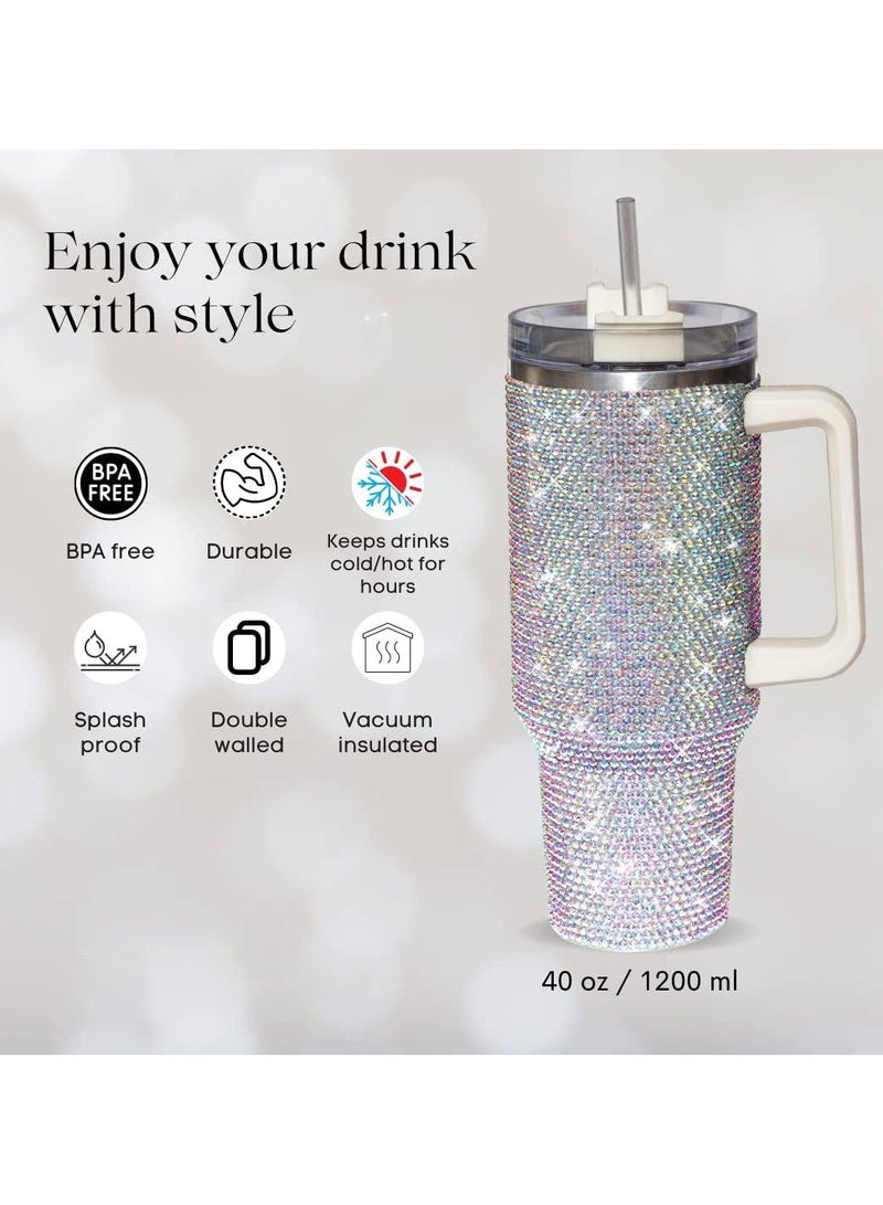 ارواق كوب بسعة 40 أونصة مزود بمقبض وغطاء مرصع وقش معزول من الفولاذ المقاوم للصدأ بجدار مزدوج وكوب ماء للسفر وزجاجة مياه للنساء (40 أونصة 1200 مل) - Image 4