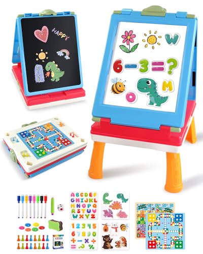 Elovien Easel for Kids 4 in 1 Double Sided Toddler Art Easel with Chalkboard  Magnetic Whiteboard Foldable Kids Tabletop Easel with Drawing  Writing Accessories  Gift for Boys and Girls Blue - Image 1