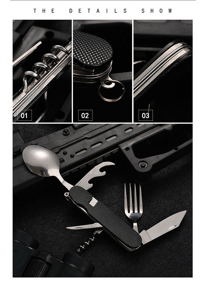 Folding Camping Utensils Cutlery Set, Detachable Knife Fork Spoon Bottle Opener, Multifunctional Tableware for Hiking Survival Camping Travel(Black) - Image 4