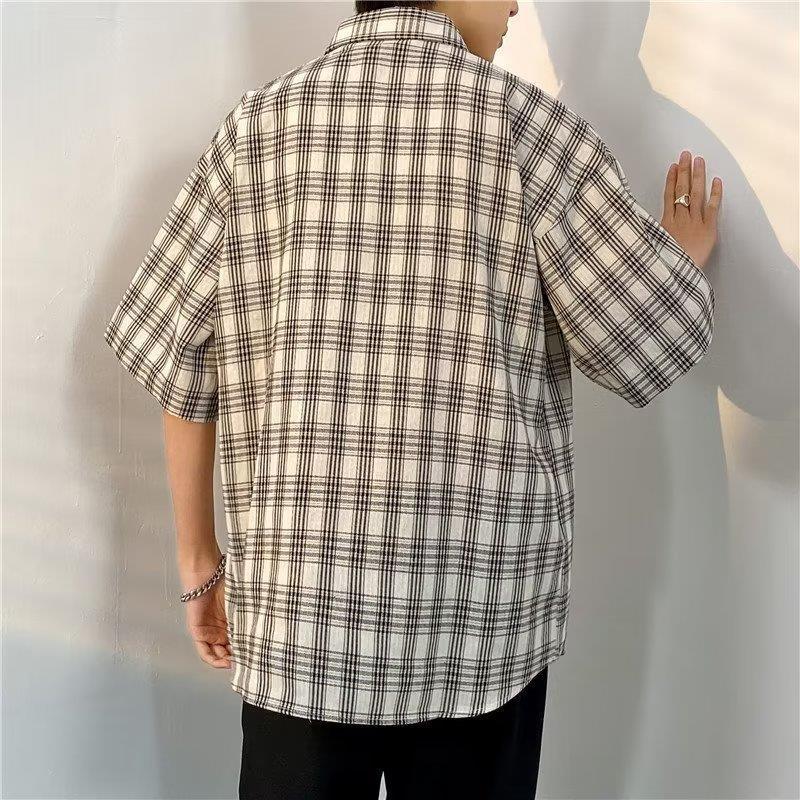 Japanese Plaid Short-Sleeved Shirt Boyfriend Summer Korean Style Trendy Loose Couple Shirt Hong Kong Style Lapel Casual Jacket - Image 3